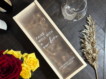 Personalized Wood Wine Box with Acrylic Lid | Housewarming Gift | Realtor Gift | New Home | Custom Closing Gift